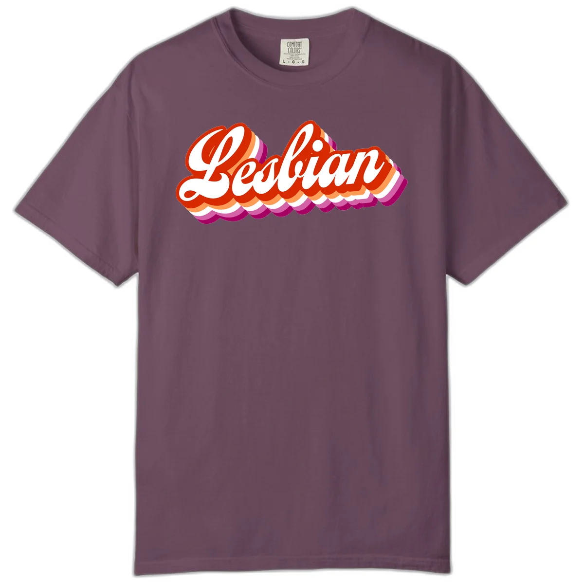 Bold retro 'Lesbian' text with 3D layered scalloped edges in red, orange, magenta, and purple on gray background in Berry