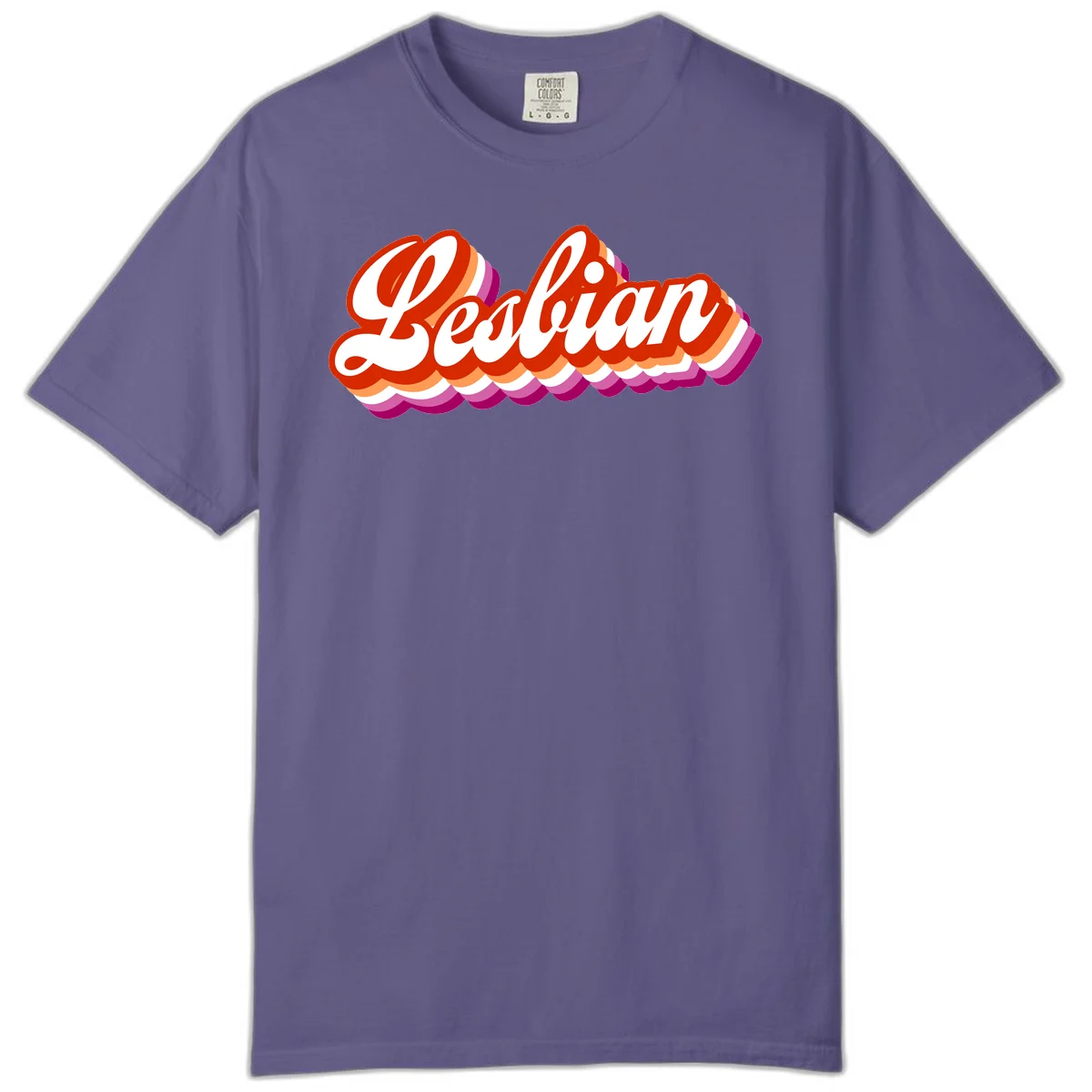 Bold retro 'Lesbian' text with 3D layered scalloped edges in red, orange, magenta, and purple on gray background in Grape