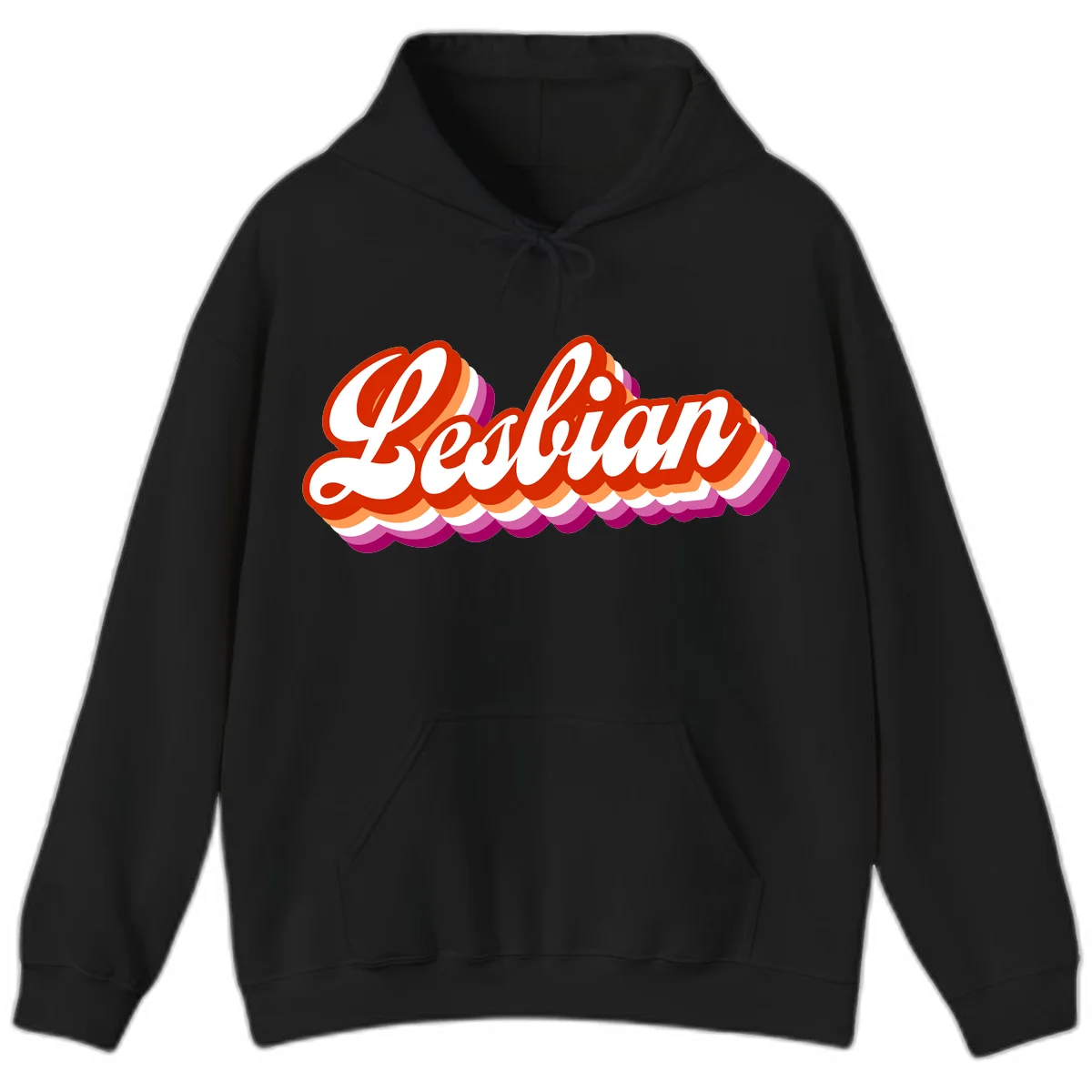 Bold retro 'Lesbian' text with 3D layered scalloped edges in red, orange, magenta, and purple on gray background in Black