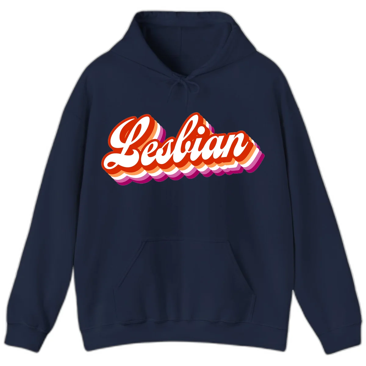 Bold retro 'Lesbian' text with 3D layered scalloped edges in red, orange, magenta, and purple on gray background in Navy