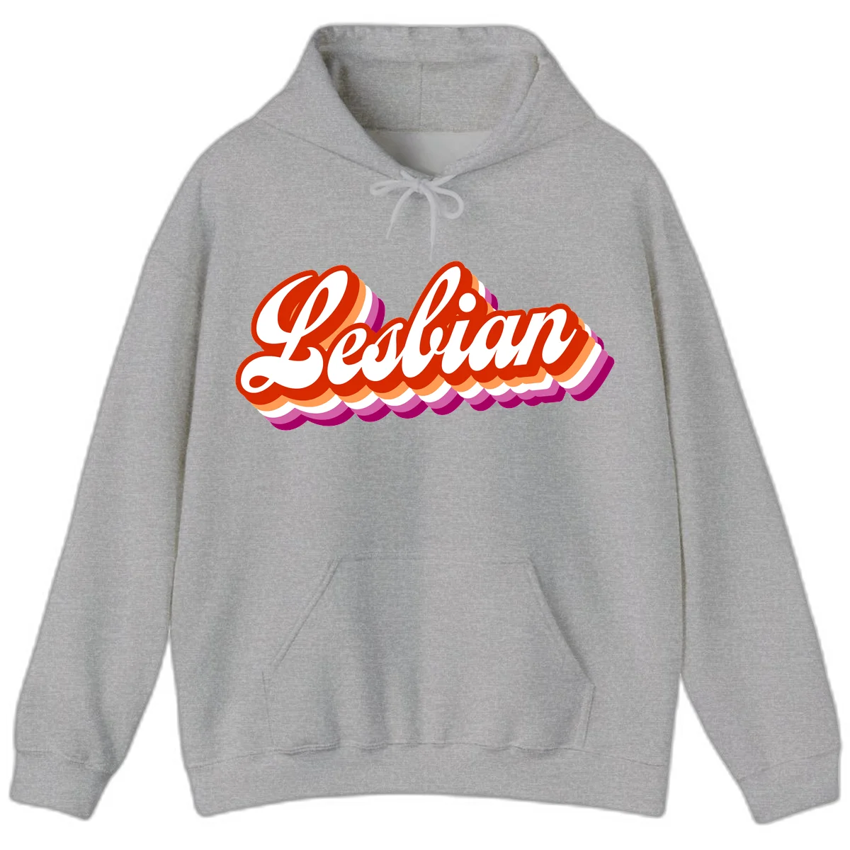 Bold retro 'Lesbian' text with 3D layered scalloped edges in red, orange, magenta, and purple on gray background in Sport Grey