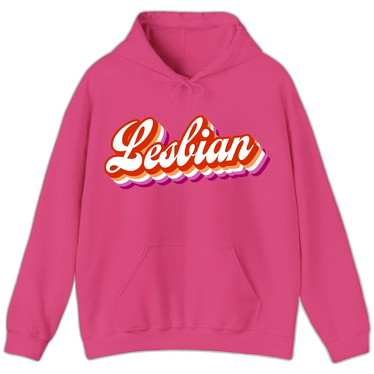 Bold retro 'Lesbian' text with 3D layered scalloped edges in red, orange, magenta, and purple on gray background in Heliconia