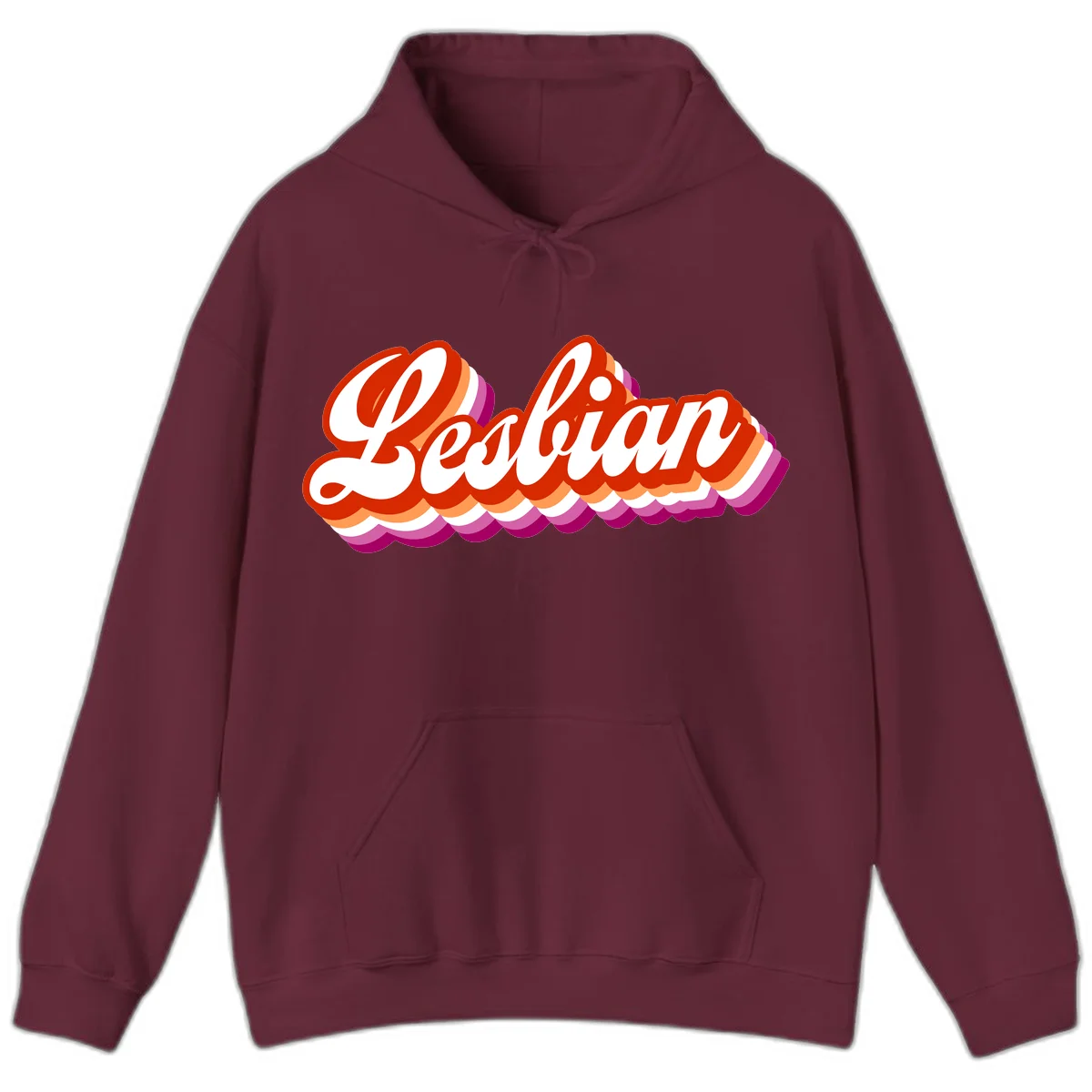 Bold retro 'Lesbian' text with 3D layered scalloped edges in red, orange, magenta, and purple on gray background in Maroon