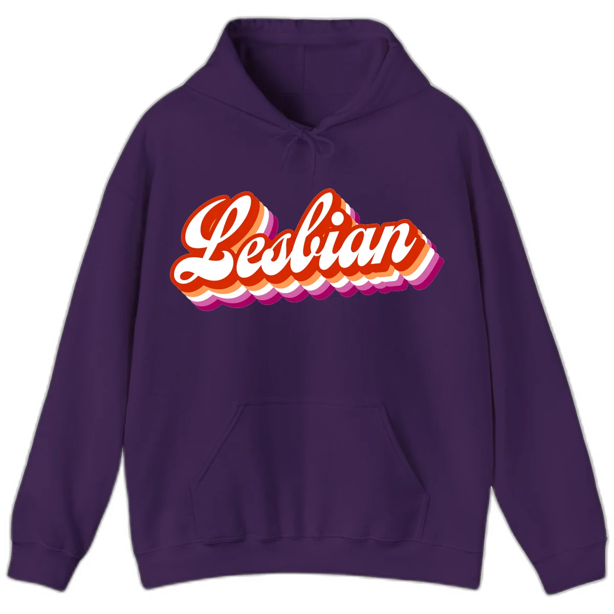Bold retro 'Lesbian' text with 3D layered scalloped edges in red, orange, magenta, and purple on gray background in Purple