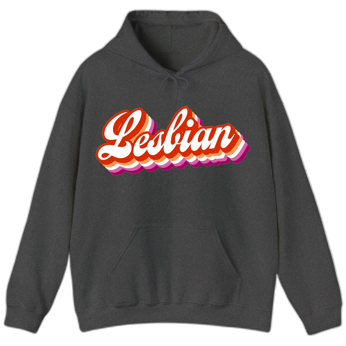 Bold retro 'Lesbian' text with 3D layered scalloped edges in red, orange, magenta, and purple on gray background in Dark Heather