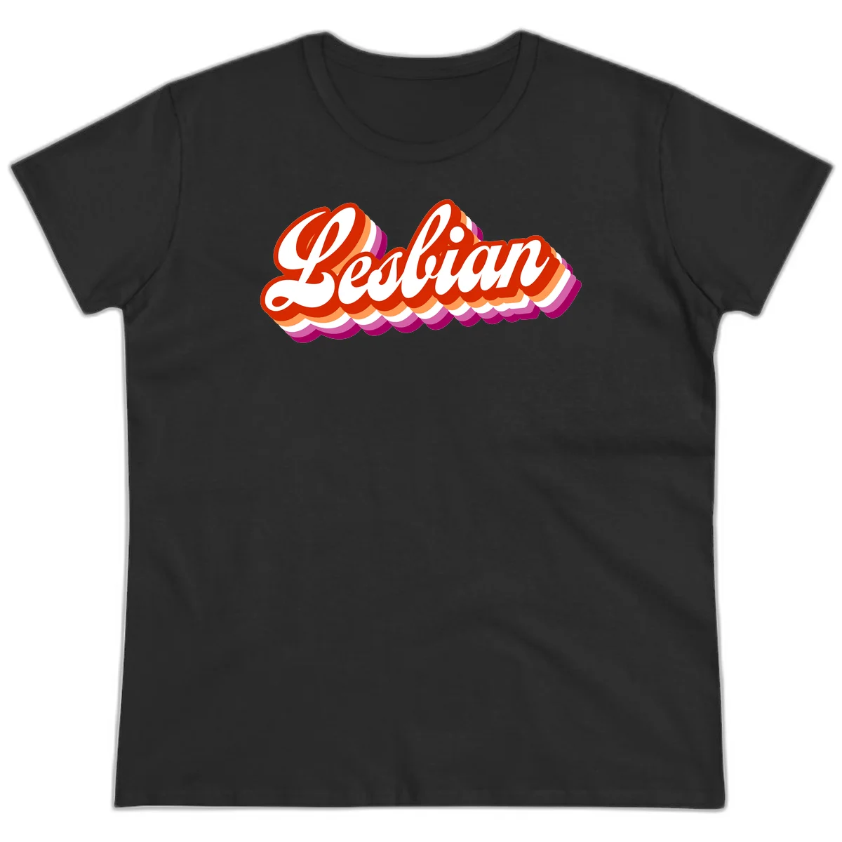 Bold retro 'Lesbian' text with 3D layered scalloped edges in red, orange, magenta, and purple on gray background in Black