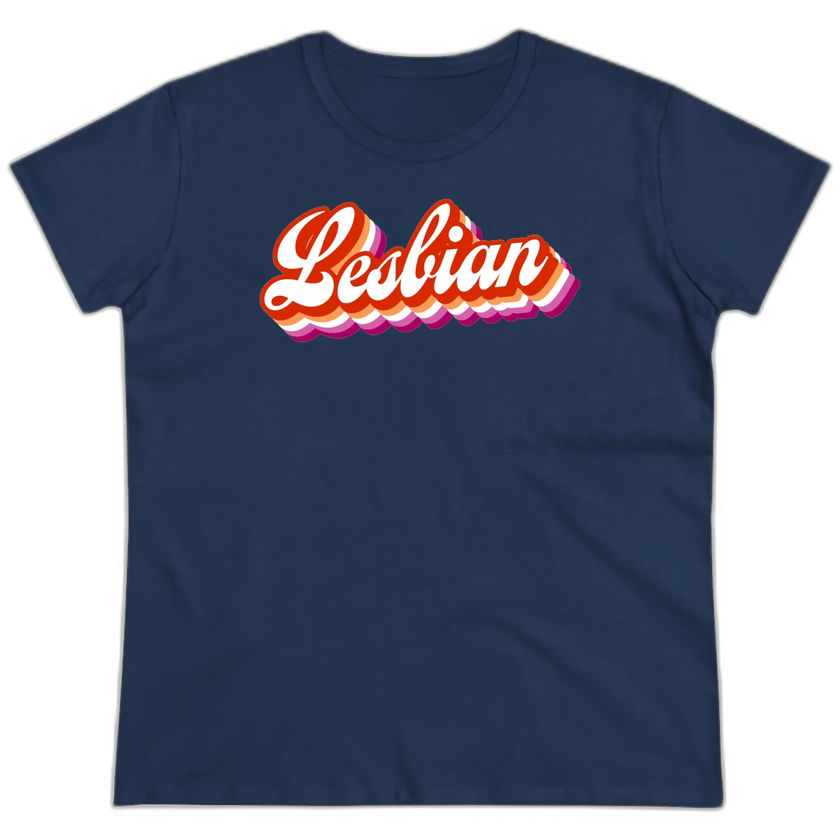 Bold retro 'Lesbian' text with 3D layered scalloped edges in red, orange, magenta, and purple on gray background in Navy