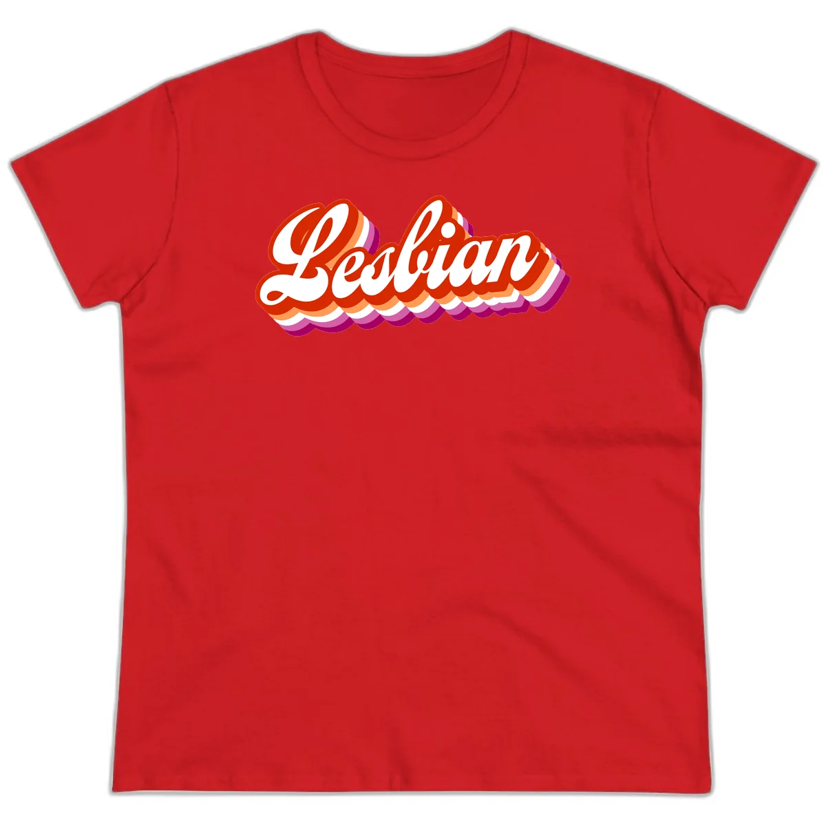 Bold retro 'Lesbian' text with 3D layered scalloped edges in red, orange, magenta, and purple on gray background in Red