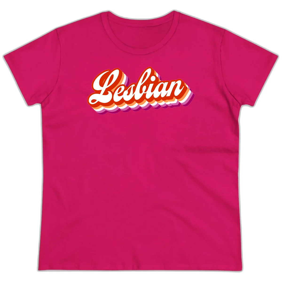 Bold retro 'Lesbian' text with 3D layered scalloped edges in red, orange, magenta, and purple on gray background in Heliconia