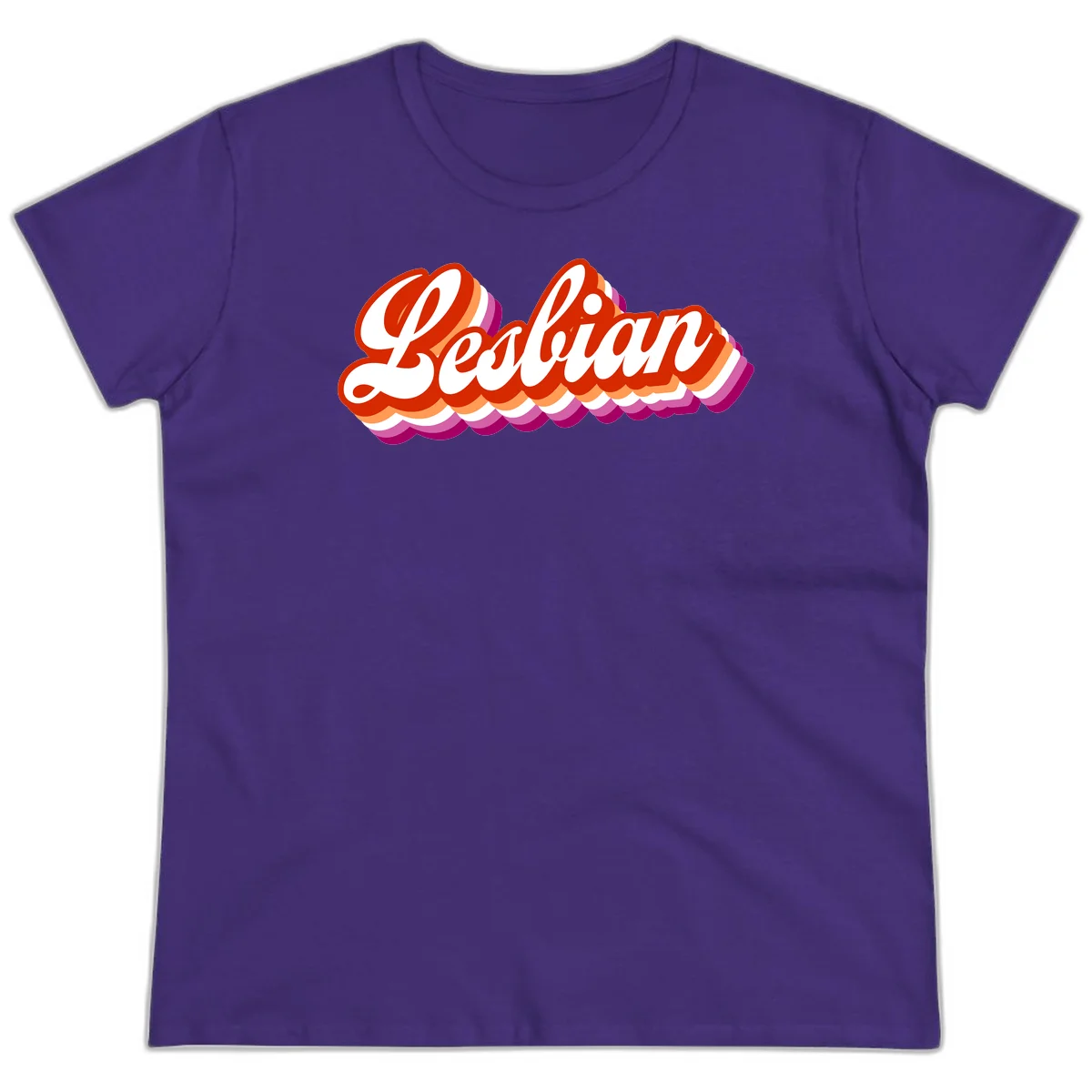 Bold retro 'Lesbian' text with 3D layered scalloped edges in red, orange, magenta, and purple on gray background in Purple