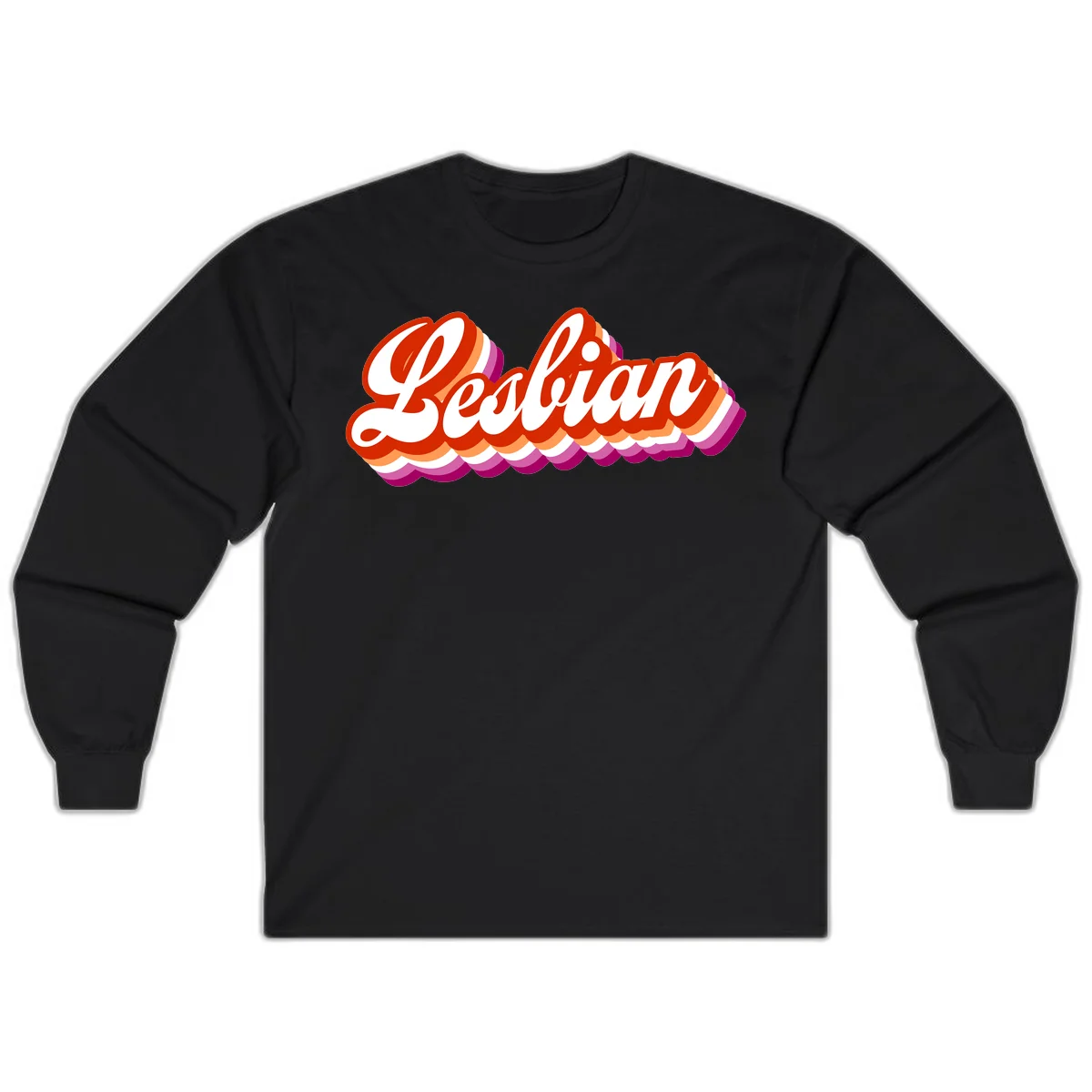 Bold retro 'Lesbian' text with 3D layered scalloped edges in red, orange, magenta, and purple on gray background in Black