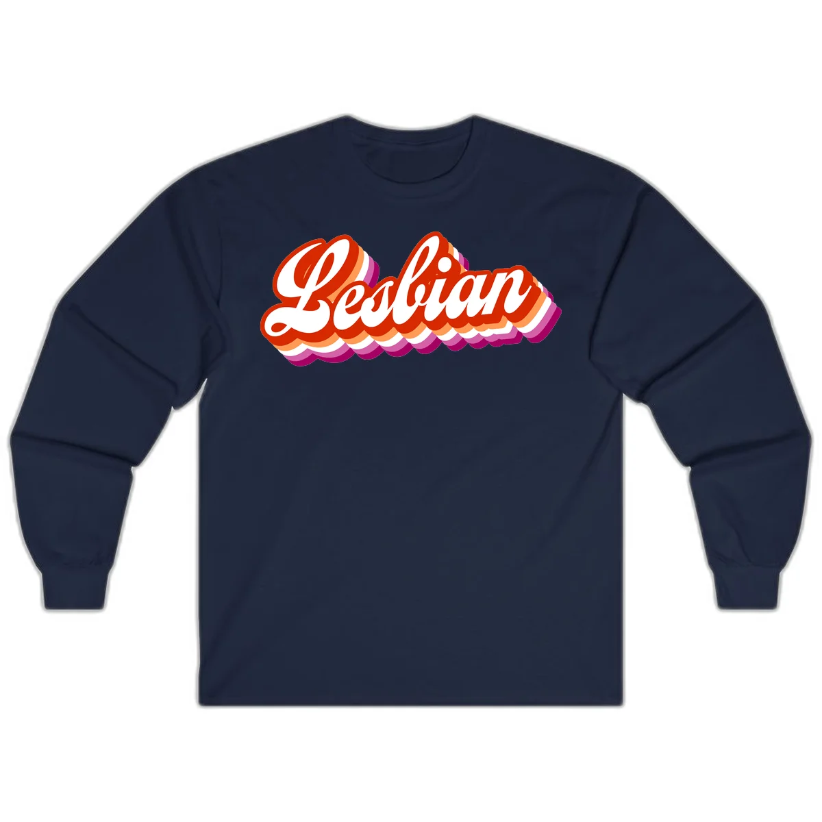 Bold retro 'Lesbian' text with 3D layered scalloped edges in red, orange, magenta, and purple on gray background in Navy