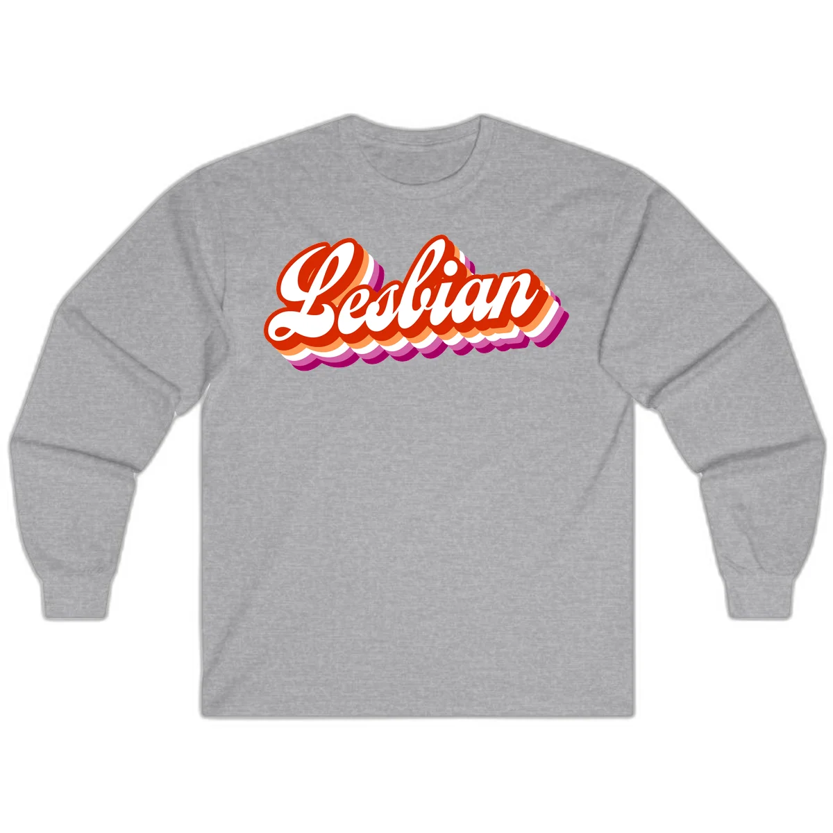 Bold retro 'Lesbian' text with 3D layered scalloped edges in red, orange, magenta, and purple on gray background in Sport Grey