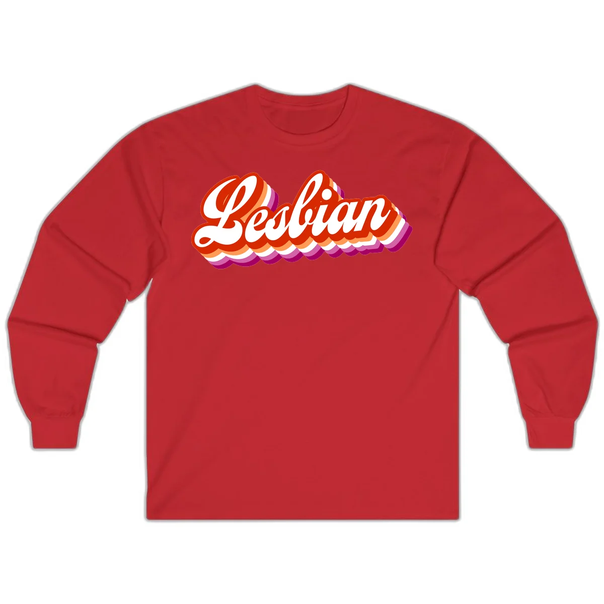 Bold retro 'Lesbian' text with 3D layered scalloped edges in red, orange, magenta, and purple on gray background in Red