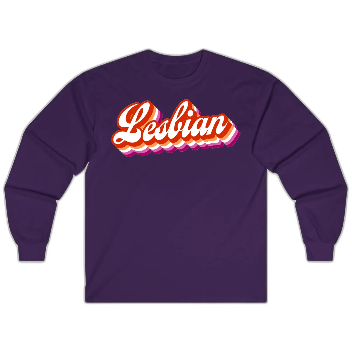 Bold retro 'Lesbian' text with 3D layered scalloped edges in red, orange, magenta, and purple on gray background in Purple