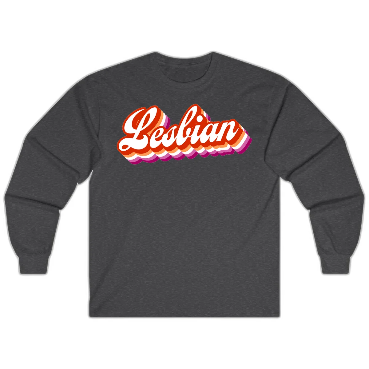 Bold retro 'Lesbian' text with 3D layered scalloped edges in red, orange, magenta, and purple on gray background in Dark Heather