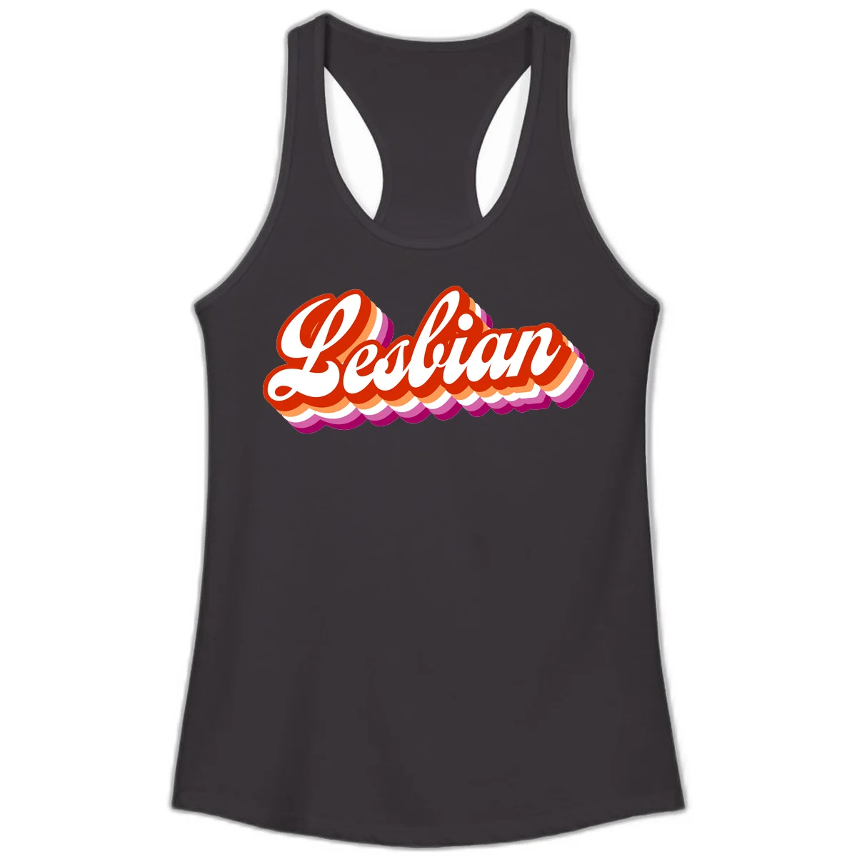 Bold retro 'Lesbian' text with 3D layered scalloped edges in red, orange, magenta, and purple on gray background in Black