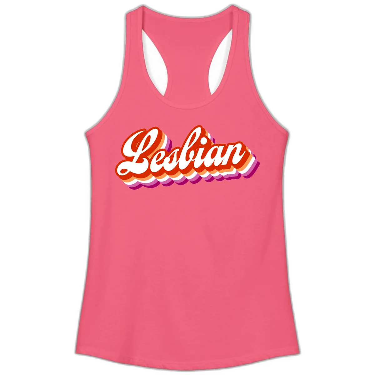 Bold retro 'Lesbian' text with 3D layered scalloped edges in red, orange, magenta, and purple on gray background in Hot Pink