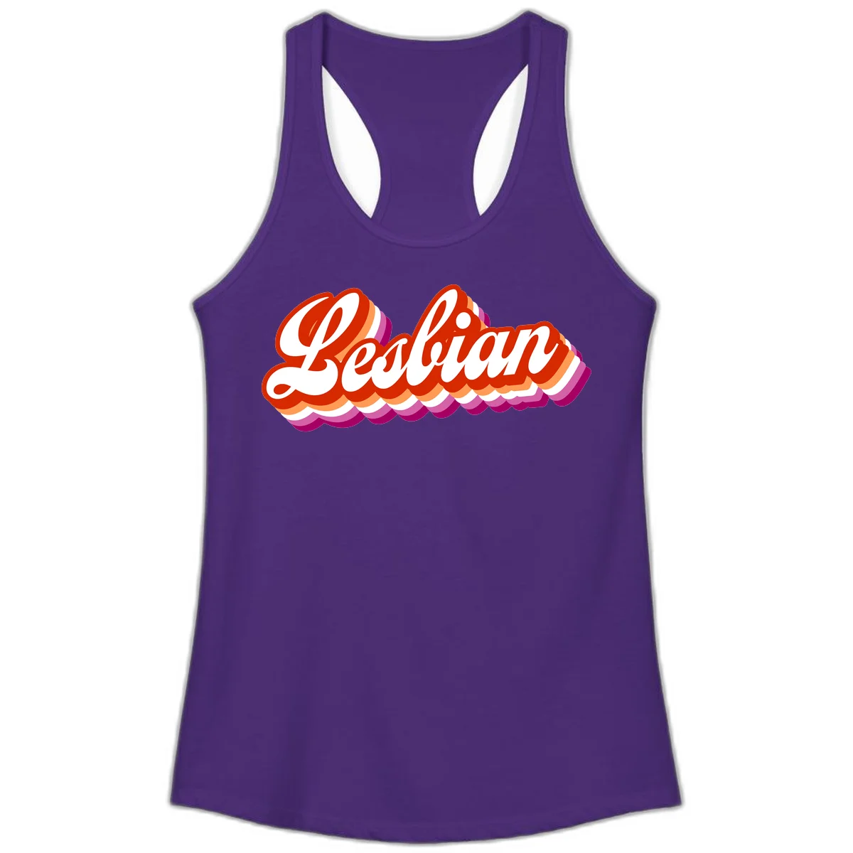 Bold retro 'Lesbian' text with 3D layered scalloped edges in red, orange, magenta, and purple on gray background in Solid Purple Rush