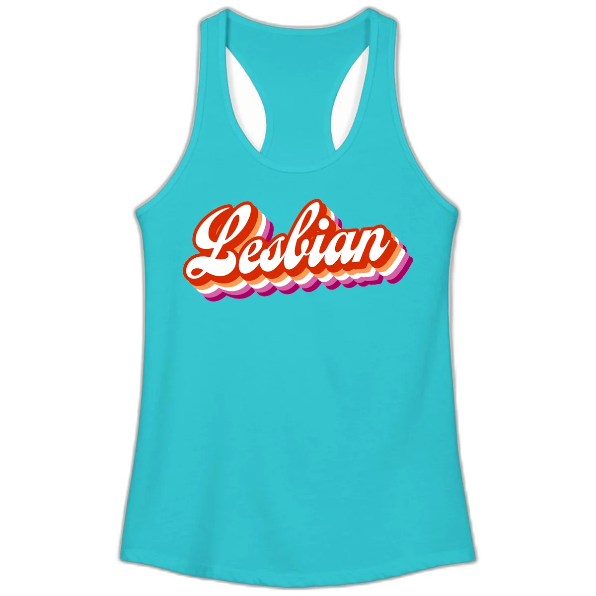 Bold retro 'Lesbian' text with 3D layered scalloped edges in red, orange, magenta, and purple on gray background in Solid Tahiti Blue