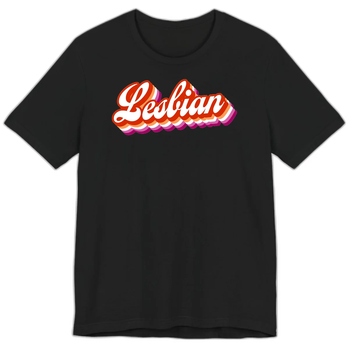 Bold retro 'Lesbian' text with 3D layered scalloped edges in red, orange, magenta, and purple on gray background in Black
