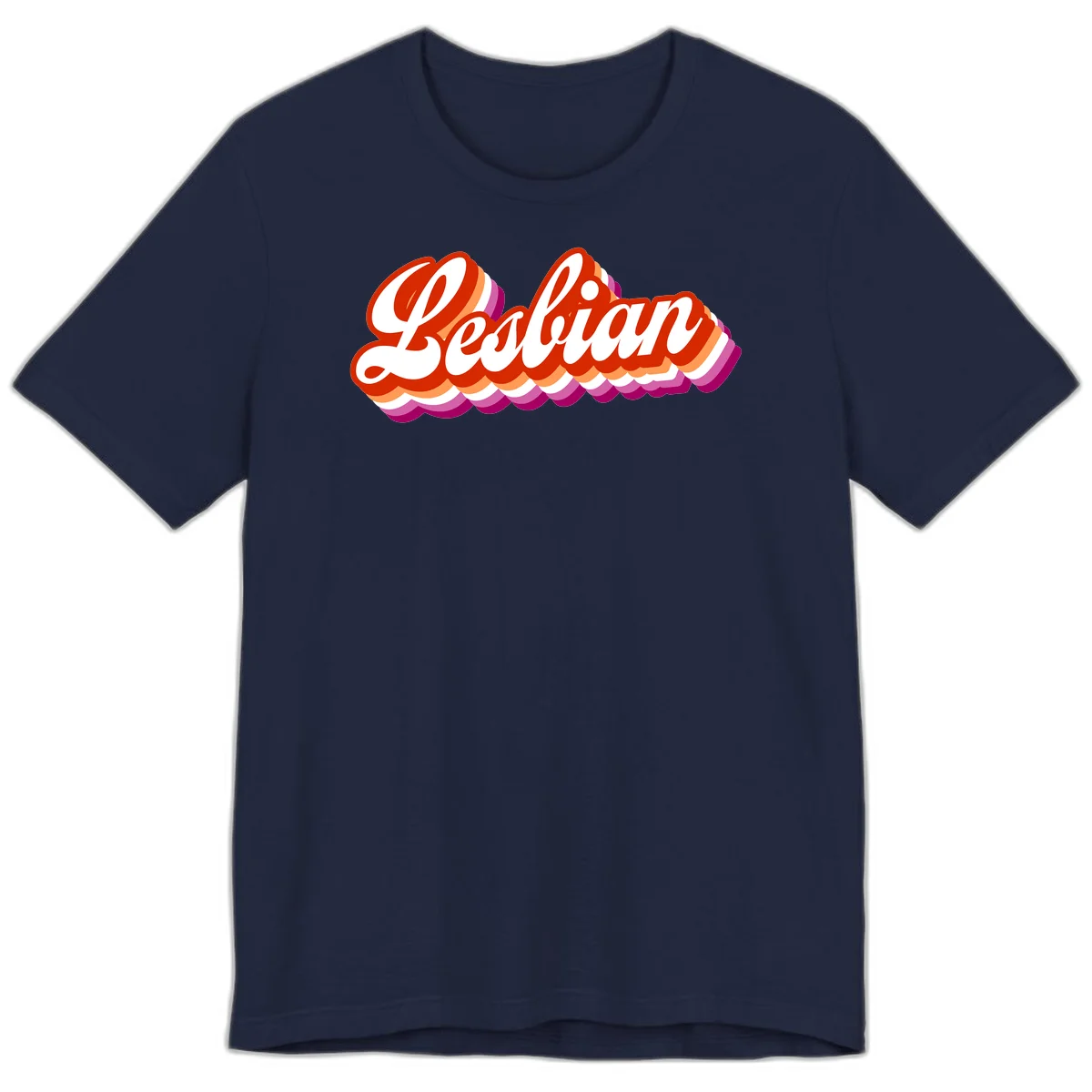 Bold retro 'Lesbian' text with 3D layered scalloped edges in red, orange, magenta, and purple on gray background in Navy
