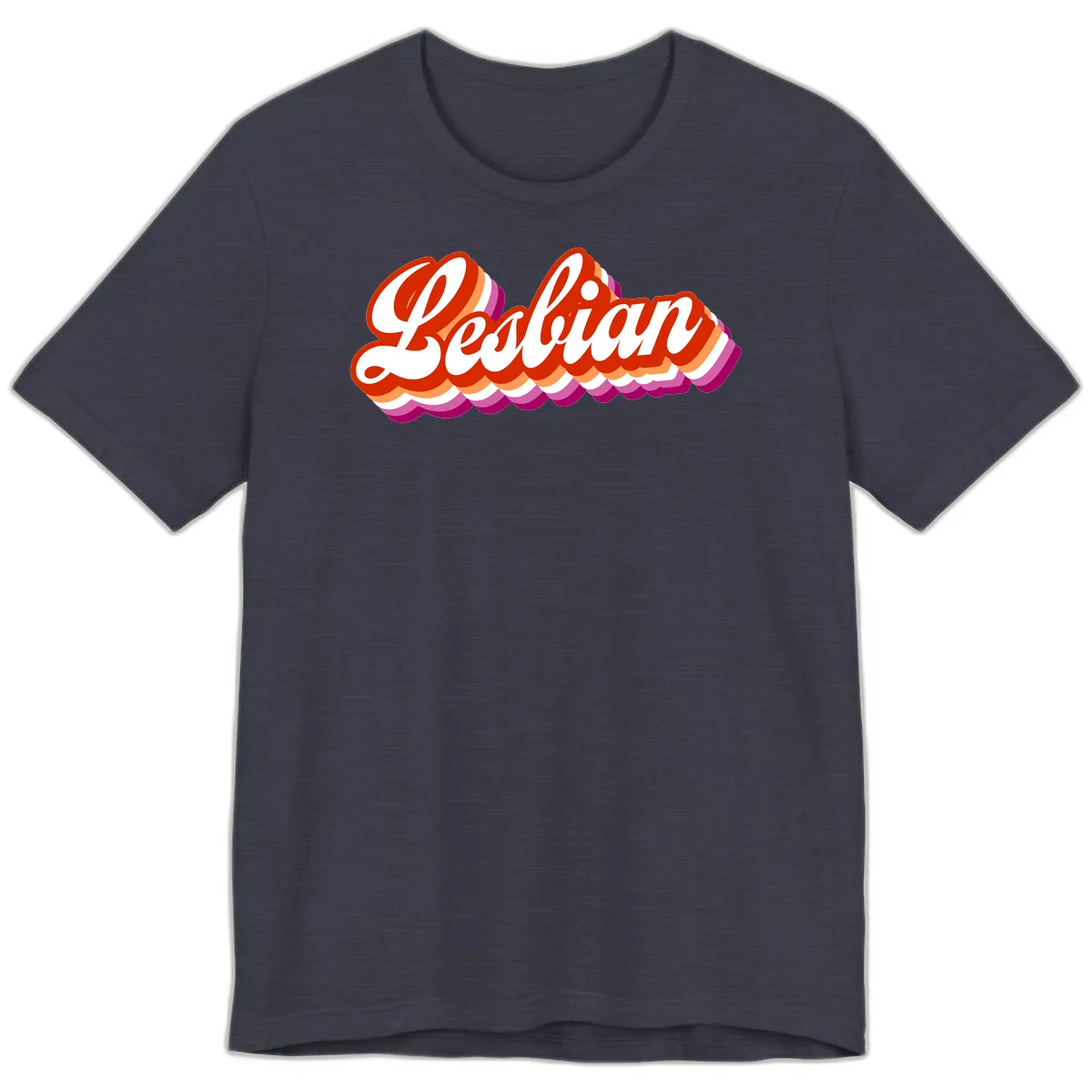 Bold retro 'Lesbian' text with 3D layered scalloped edges in red, orange, magenta, and purple on gray background in Heather Midnight Navy