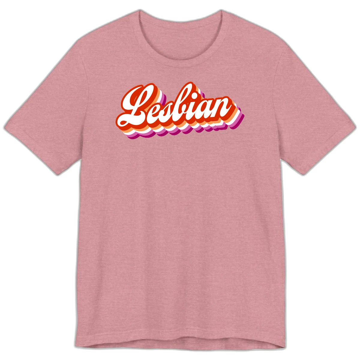 Bold retro 'Lesbian' text with 3D layered scalloped edges in red, orange, magenta, and purple on gray background in Heather Orchid