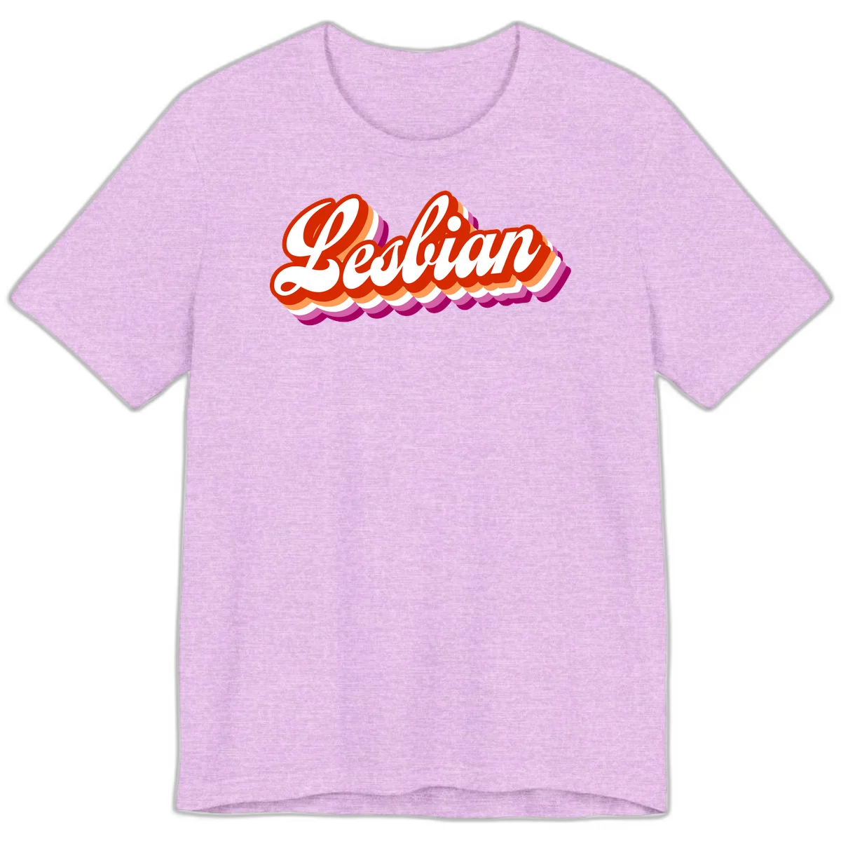 Bold retro 'Lesbian' text with 3D layered scalloped edges in red, orange, magenta, and purple on gray background in Heather Prism Lilac