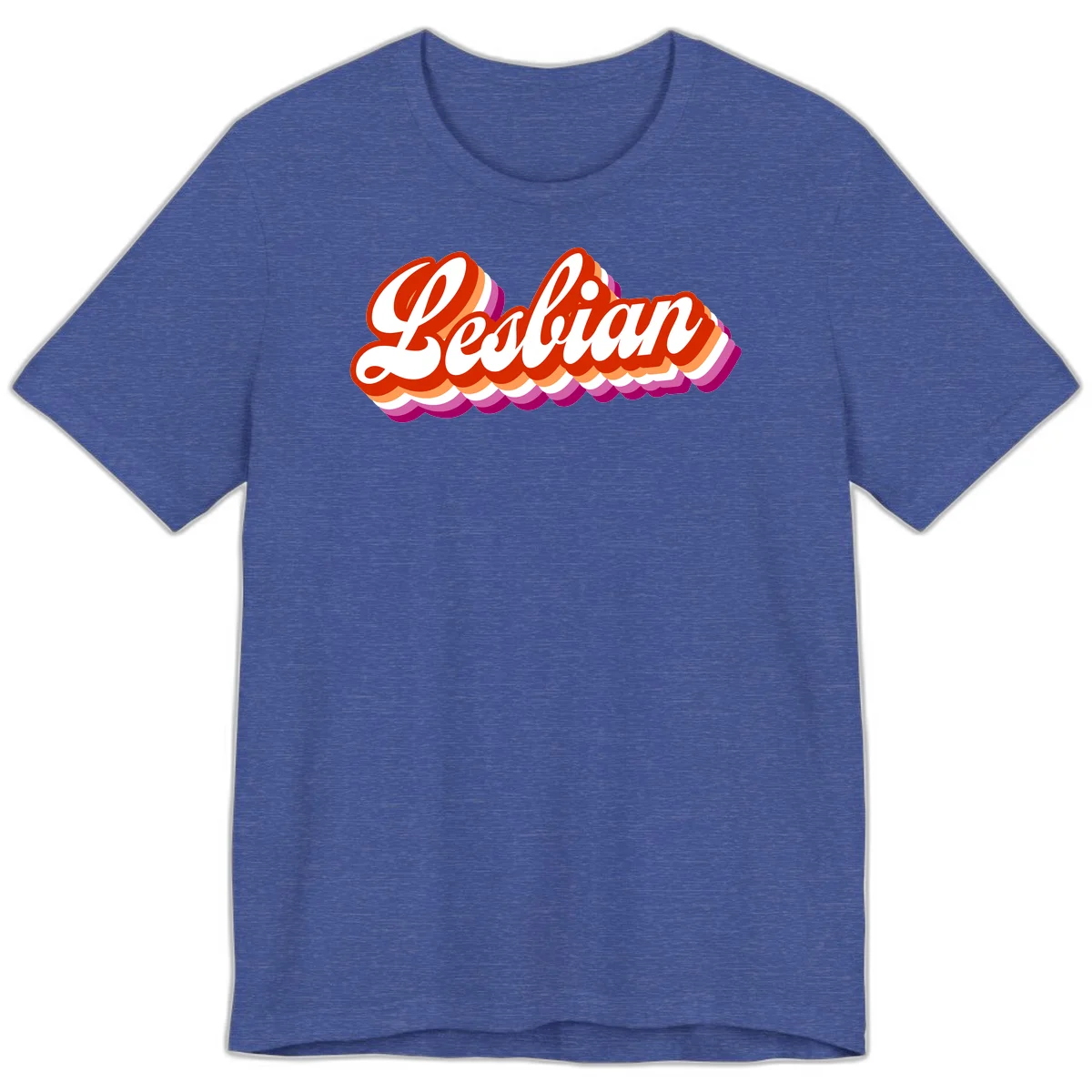 Bold retro 'Lesbian' text with 3D layered scalloped edges in red, orange, magenta, and purple on gray background in Heather True Royal