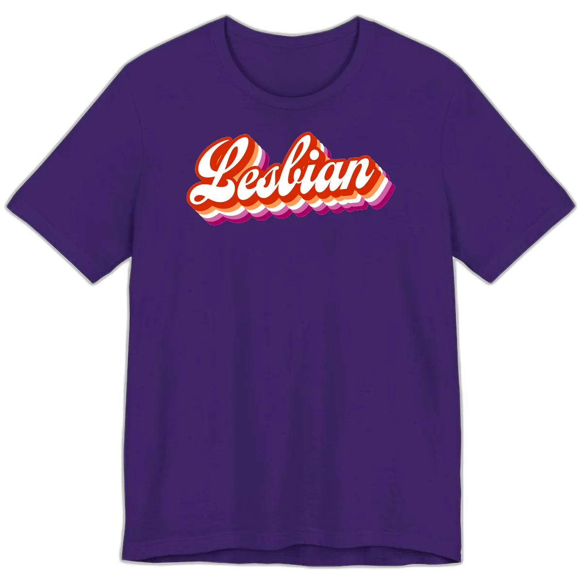 Bold retro 'Lesbian' text with 3D layered scalloped edges in red, orange, magenta, and purple on gray background in Team Purple