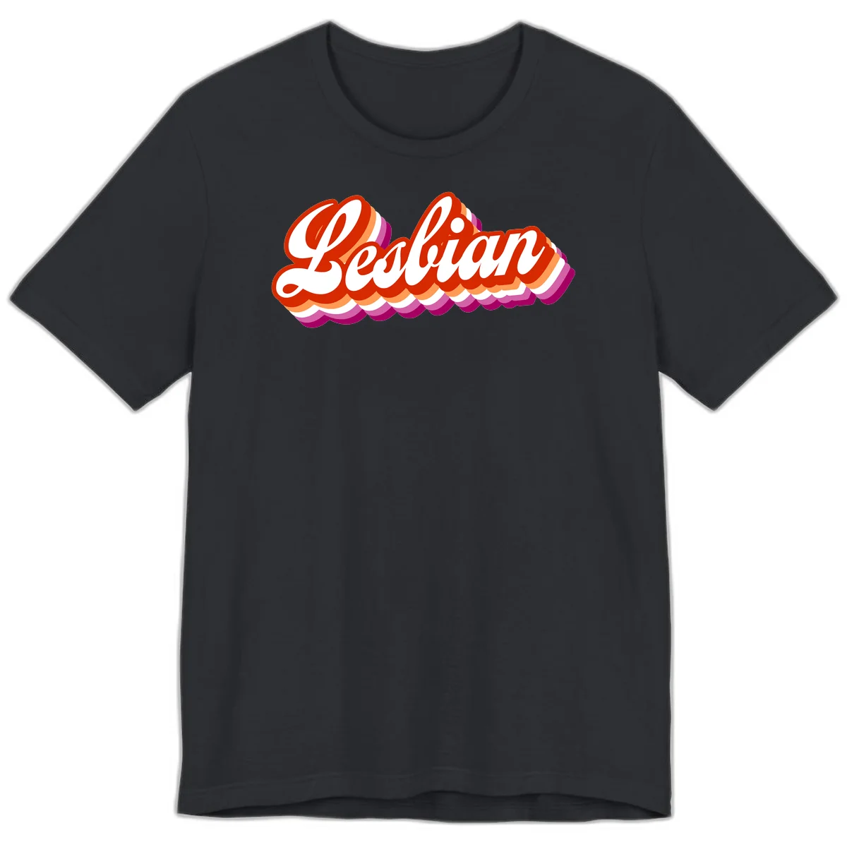 Bold retro 'Lesbian' text with 3D layered scalloped edges in red, orange, magenta, and purple on gray background in Vintage Black