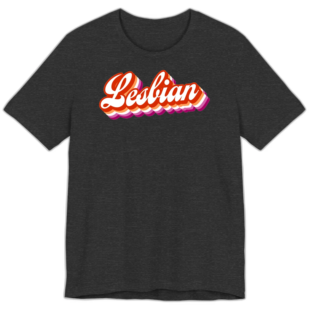 Bold retro 'Lesbian' text with 3D layered scalloped edges in red, orange, magenta, and purple on gray background in Dark Grey Heather
