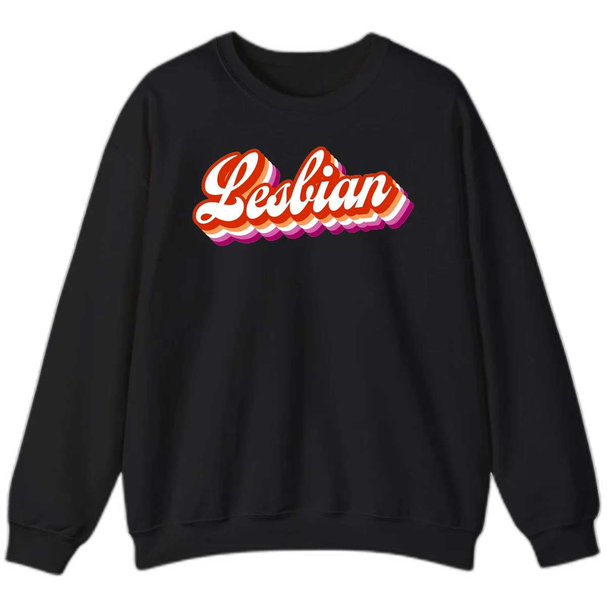 Bold retro 'Lesbian' text with 3D layered scalloped edges in red, orange, magenta, and purple on gray background in Black