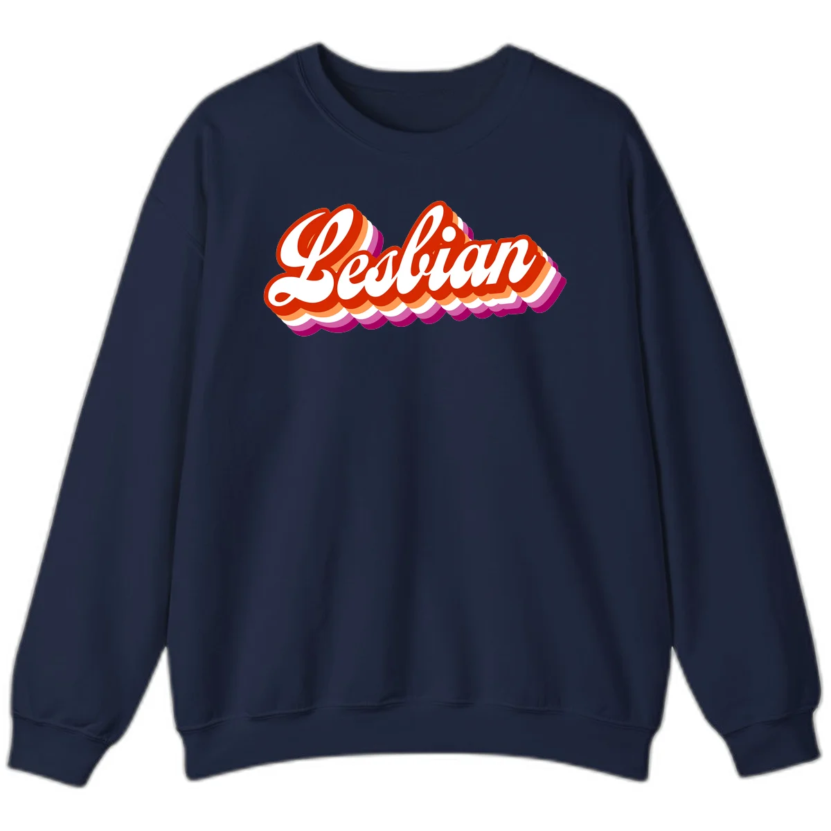 Bold retro 'Lesbian' text with 3D layered scalloped edges in red, orange, magenta, and purple on gray background in Navy