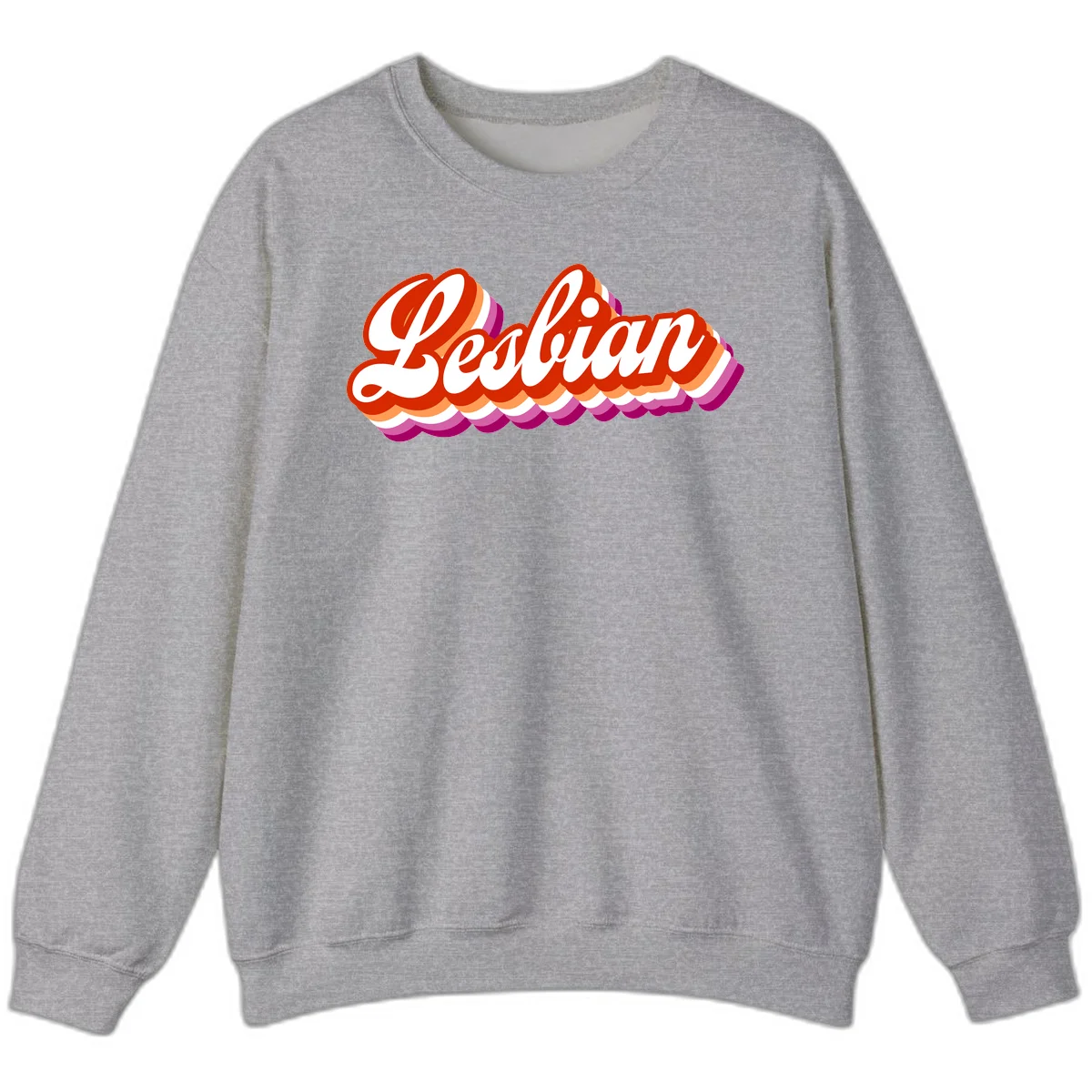 Bold retro 'Lesbian' text with 3D layered scalloped edges in red, orange, magenta, and purple on gray background in Sport Grey