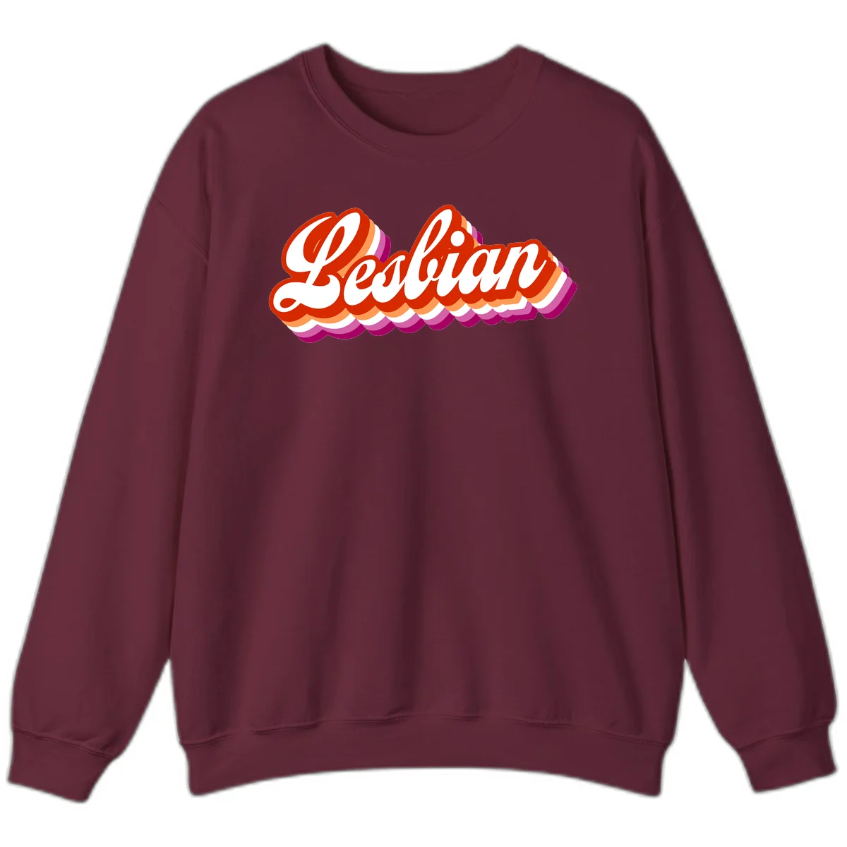 Bold retro 'Lesbian' text with 3D layered scalloped edges in red, orange, magenta, and purple on gray background in Maroon