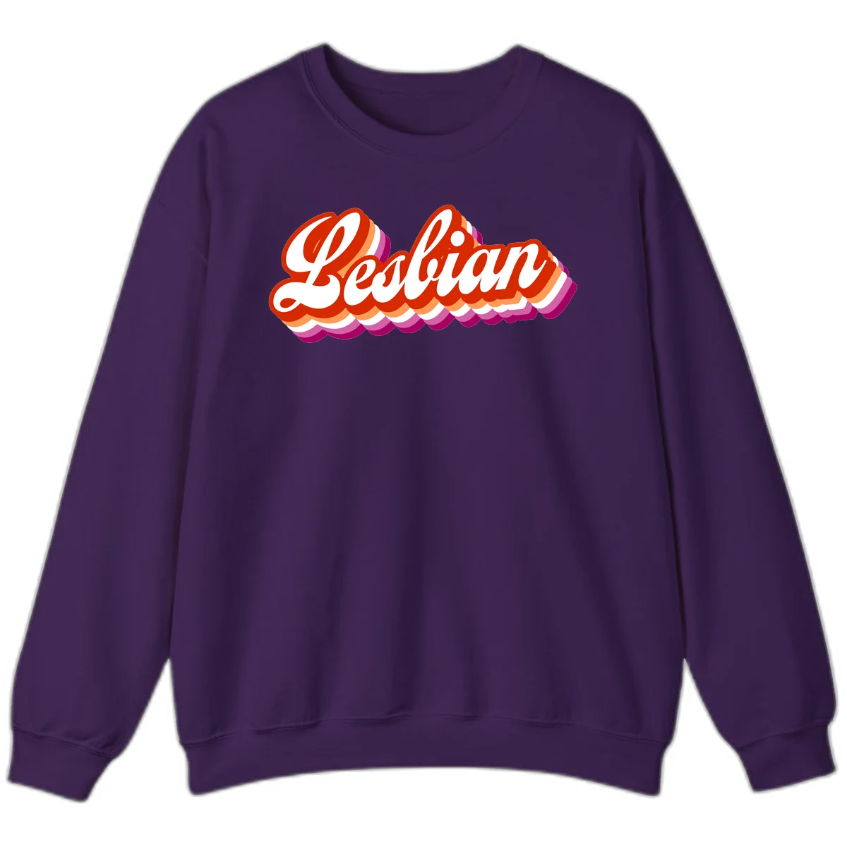 Bold retro 'Lesbian' text with 3D layered scalloped edges in red, orange, magenta, and purple on gray background in Purple