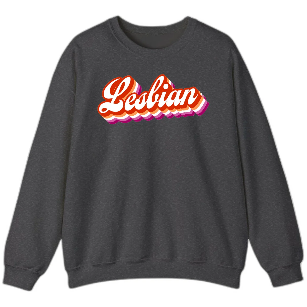 Bold retro 'Lesbian' text with 3D layered scalloped edges in red, orange, magenta, and purple on gray background in Dark Heather