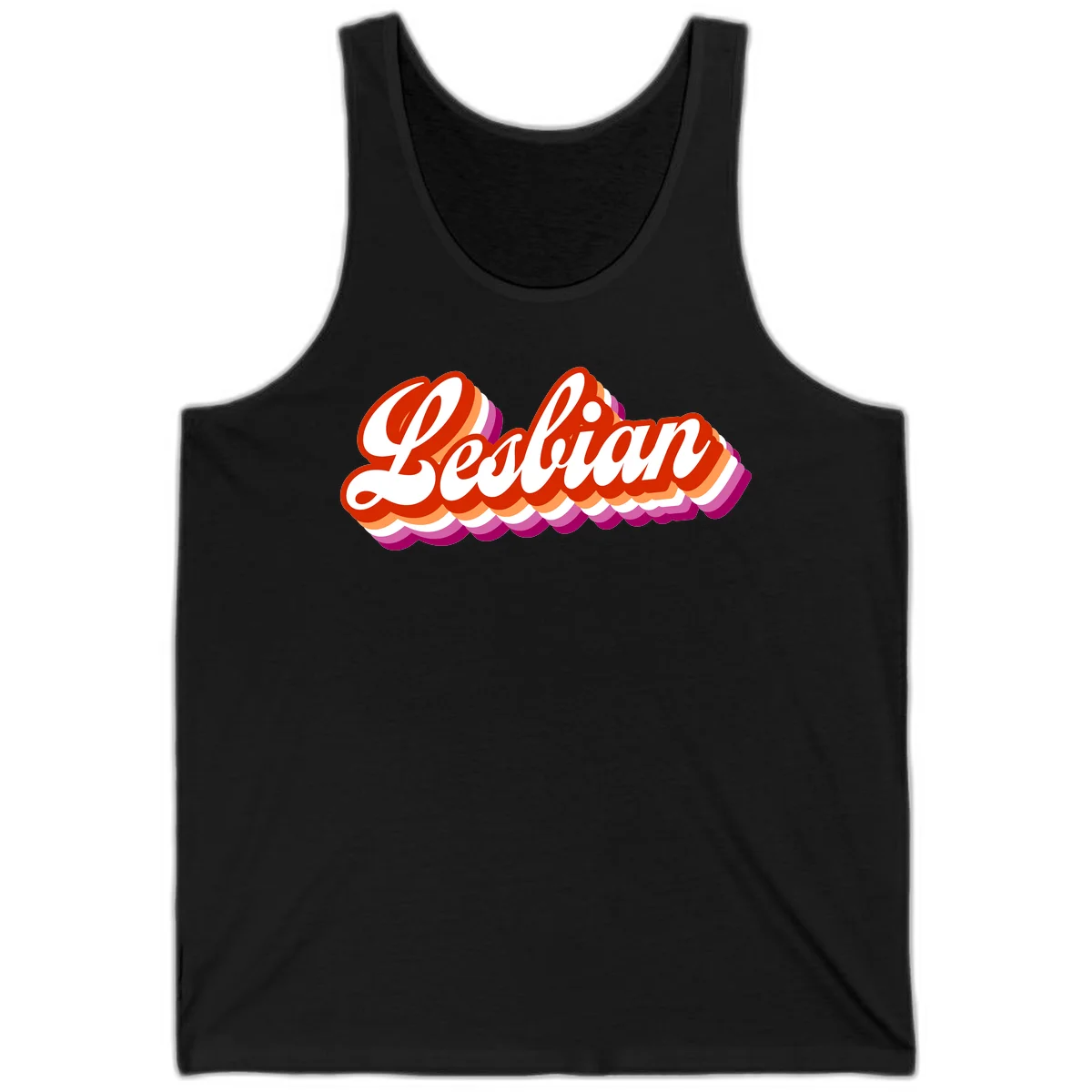 Bold retro 'Lesbian' text with 3D layered scalloped edges in red, orange, magenta, and purple on gray background in Black