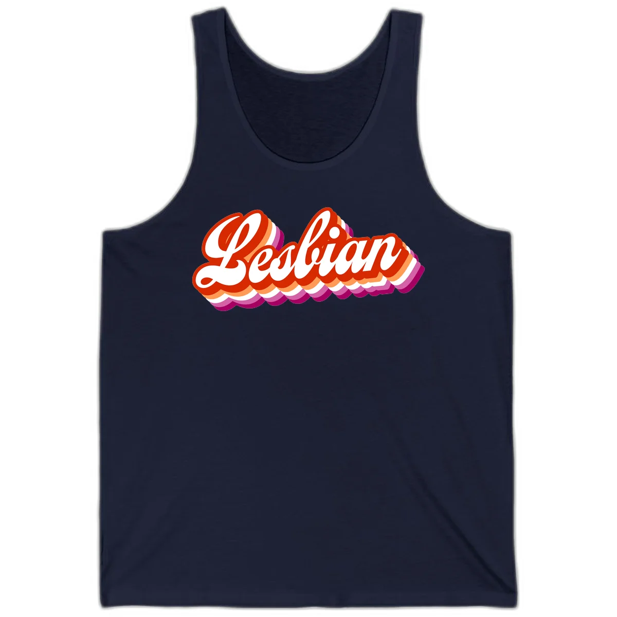 Bold retro 'Lesbian' text with 3D layered scalloped edges in red, orange, magenta, and purple on gray background in Navy