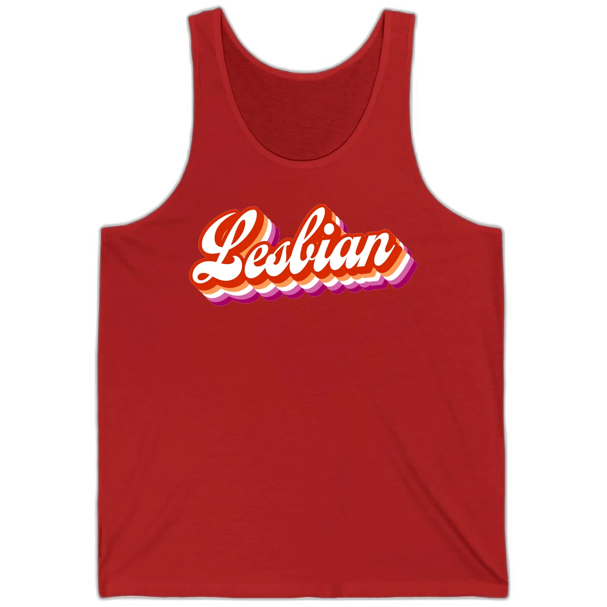 Bold retro 'Lesbian' text with 3D layered scalloped edges in red, orange, magenta, and purple on gray background in Red