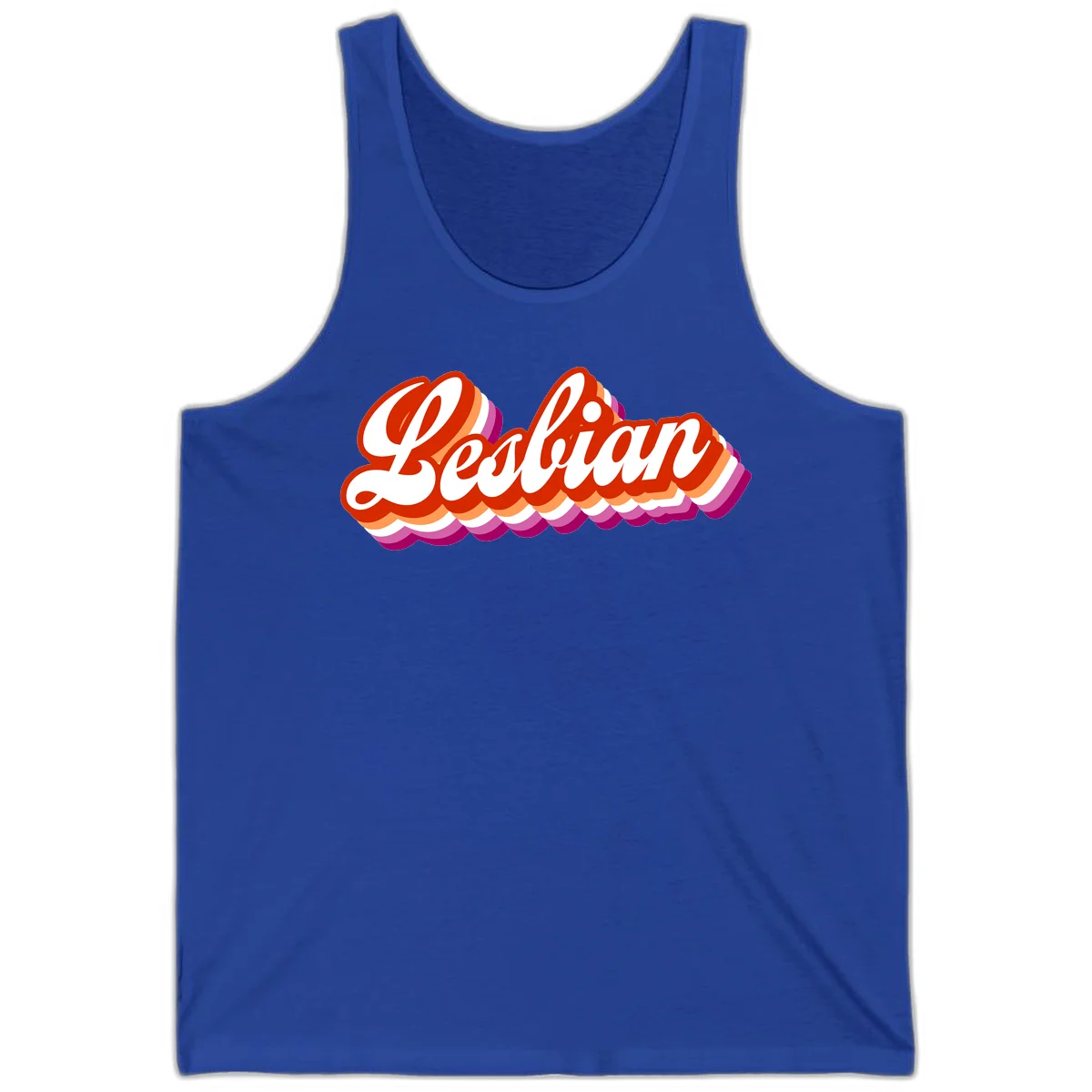 Bold retro 'Lesbian' text with 3D layered scalloped edges in red, orange, magenta, and purple on gray background in True Royal