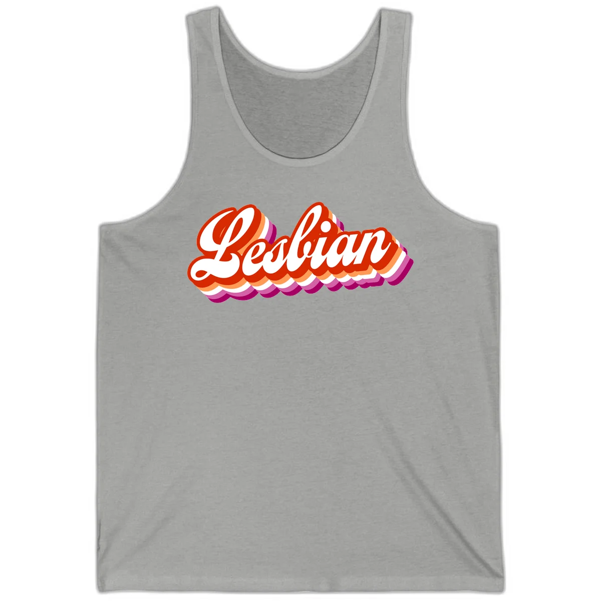 Bold retro 'Lesbian' text with 3D layered scalloped edges in red, orange, magenta, and purple on gray background in Athletic Heather