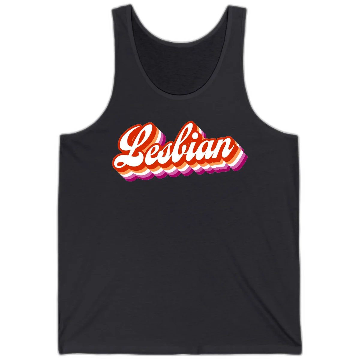 Bold retro 'Lesbian' text with 3D layered scalloped edges in red, orange, magenta, and purple on gray background in Dark Grey