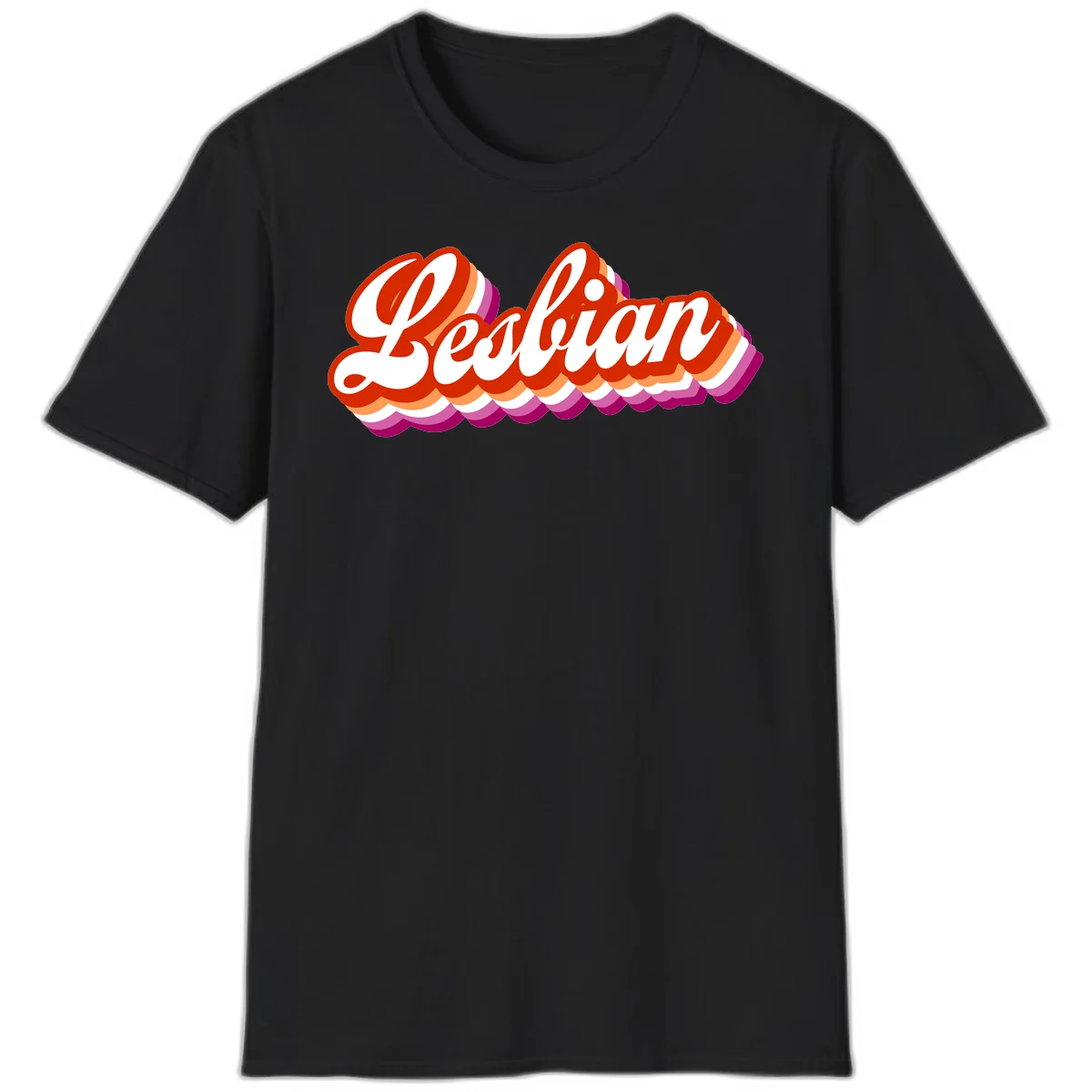 Bold retro 'Lesbian' text with 3D layered scalloped edges in red, orange, magenta, and purple on gray background in Black