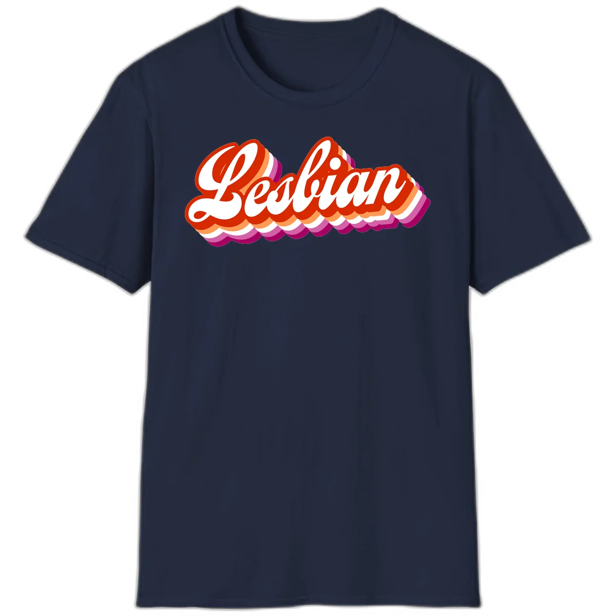 Bold retro 'Lesbian' text with 3D layered scalloped edges in red, orange, magenta, and purple on gray background in Navy