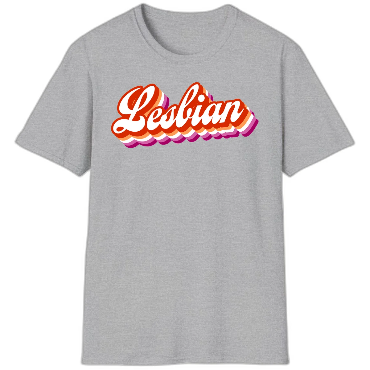 Bold retro 'Lesbian' text with 3D layered scalloped edges in red, orange, magenta, and purple on gray background in Sport Grey
