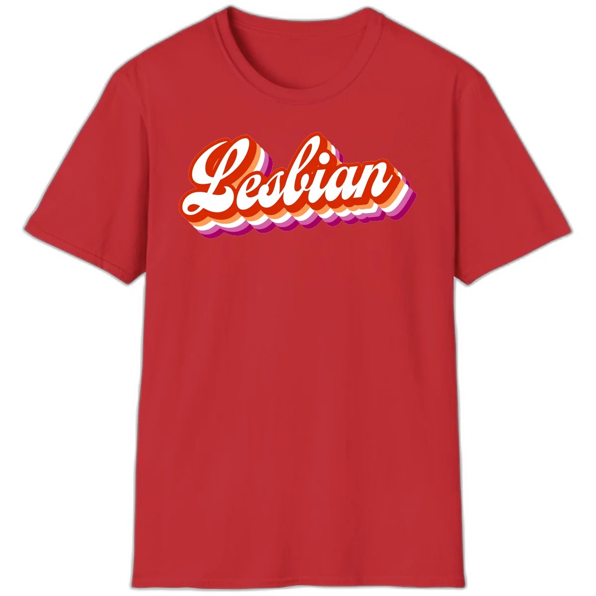 Bold retro 'Lesbian' text with 3D layered scalloped edges in red, orange, magenta, and purple on gray background in Red