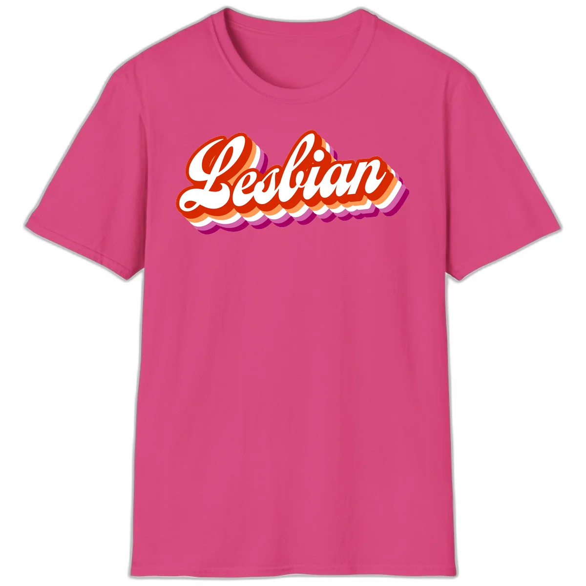 Bold retro 'Lesbian' text with 3D layered scalloped edges in red, orange, magenta, and purple on gray background in Heliconia